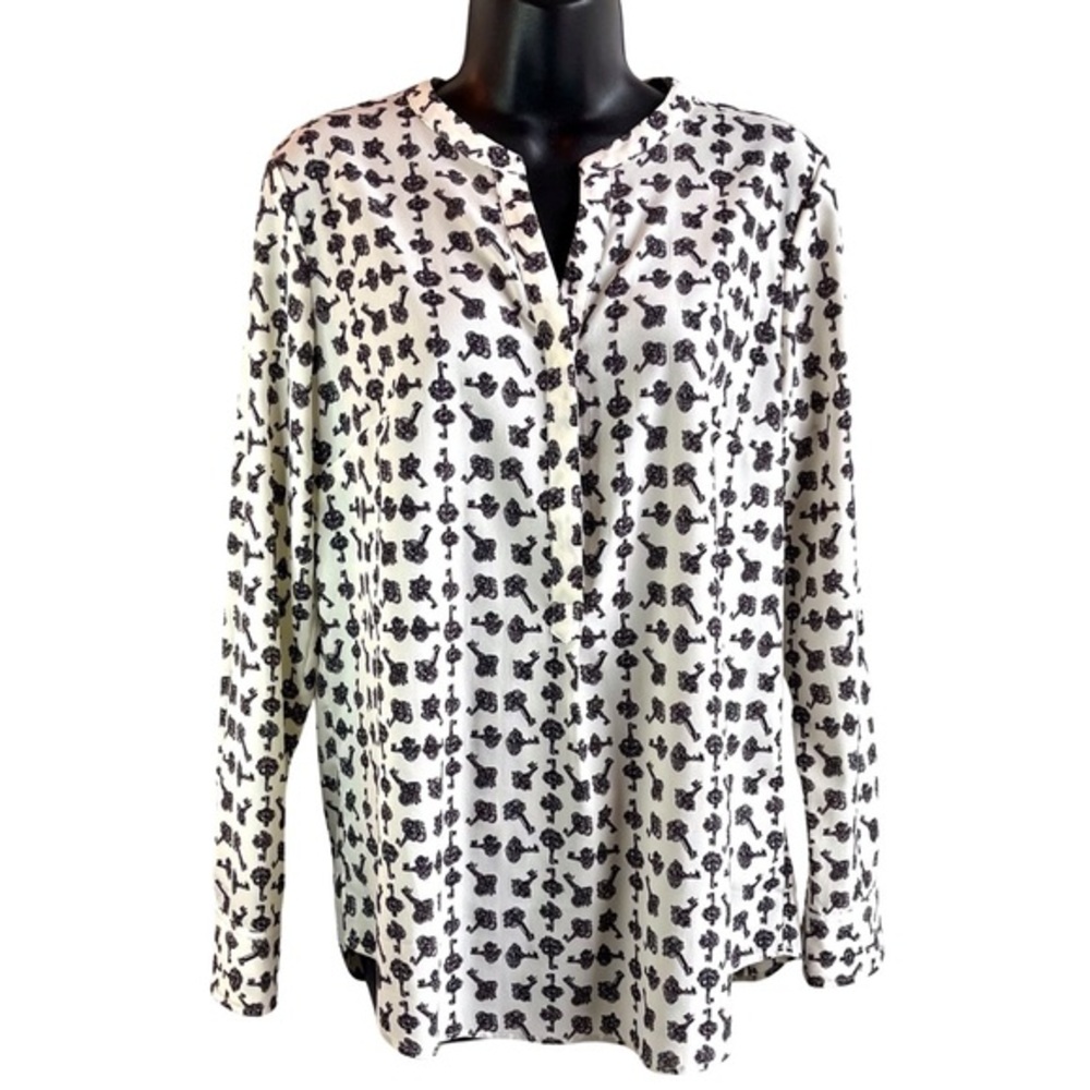 Talbots Split Neck Antique Key Long Sleeve Tunic Top SzM 100% Polyester